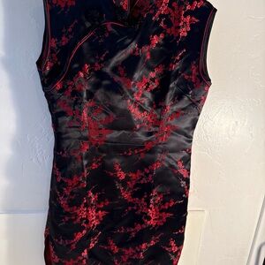 Elegant Black and Red Floral Dress Cheongsam Silk